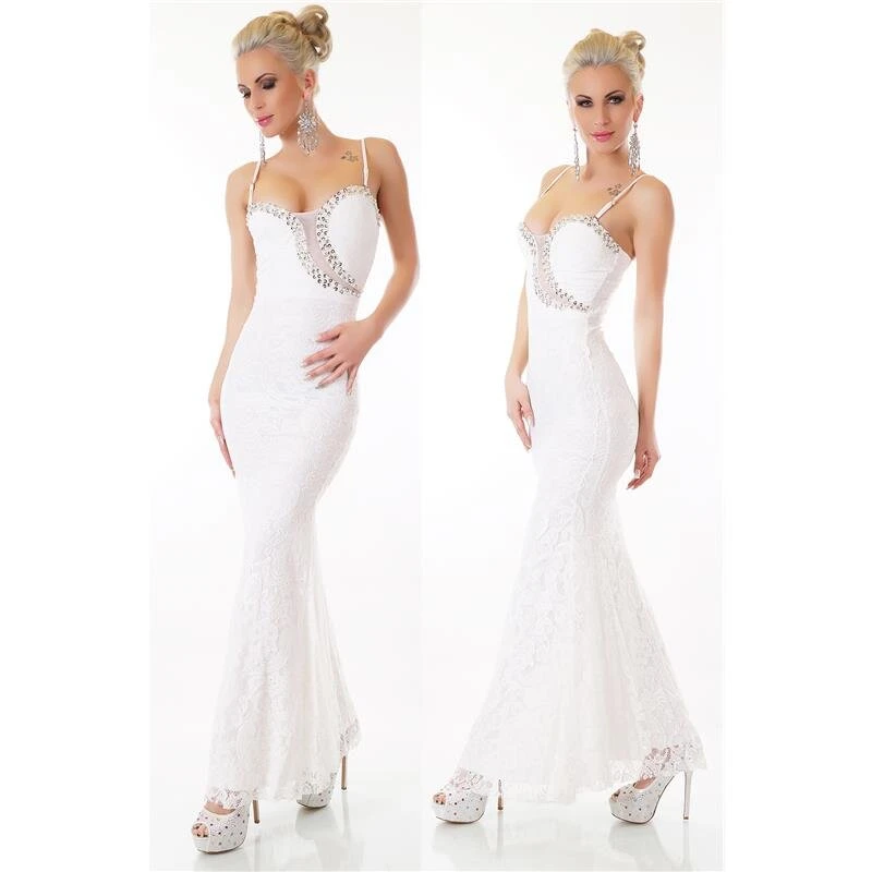 Edles Bodenlanges Meerjungfrau Trägerkleid Aus Spitze Cremeweiß 6 Edles Bodenlanges Meerjungfrau Trägerkleid Aus Spitze Cremeweiß – Bild 4