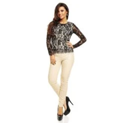 Edles Langarm-Shirt Bluse Aus Feiner Spitze Schwarz/Creme 8 Edles Langarm-Shirt Bluse Aus Feiner Spitze Schwarz/Creme -Look Motto Verkäufe edles langarm shirt bluse aus feiner spitze schwarz creme3