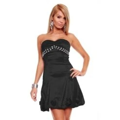 Edles Satin Ballonkleid Bandeaukleid Mit Glas-Steinen Schwarz