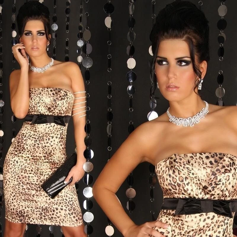 Edles Satin Bandeau Kleid Etuikleid Abendkleid Leopard-Optik 3 Edles Satin Bandeau Kleid Etuikleid Abendkleid Leopard-Optik