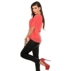 Elegante Chiffon Bluse Mit Fledermausärmel Und Kette Coral -Look Motto Verkäufe elegante chiffon bluse mit fledermausaermel und kette coral3