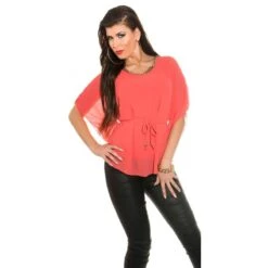 Elegante Chiffon Bluse Mit Fledermausärmel Und Kette Coral -Look Motto Verkäufe elegante chiffon bluse mit fledermausaermel und kette coral4