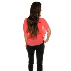 Elegante Chiffon Bluse Mit Fledermausärmel Und Kette Coral -Look Motto Verkäufe elegante chiffon bluse mit fledermausaermel und kette coral5