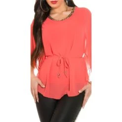 Elegante Chiffon Bluse Mit Fledermausärmel Und Kette Coral -Look Motto Verkäufe elegante chiffon bluse mit fledermausaermel und kette coral6
