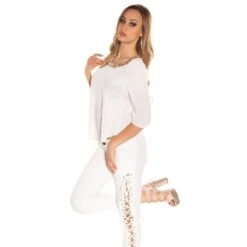 Elegante Damen Chiffon Bluse Mit Halblangen Ärmeln Weiß -Look Motto Verkäufe elegante damen chiffon bluse mit halblangen aermeln weiss4