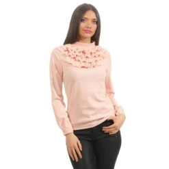 Elegante Damen Langarm-Bluse Mit Volants Und Perlen Aprikot