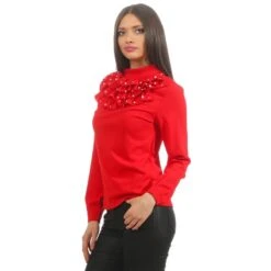 Elegante Damen Langarm-Bluse Mit Volants Und Perlen Rot -Look Motto Verkäufe elegante damen langarm bluse mit volants und perlen rot2