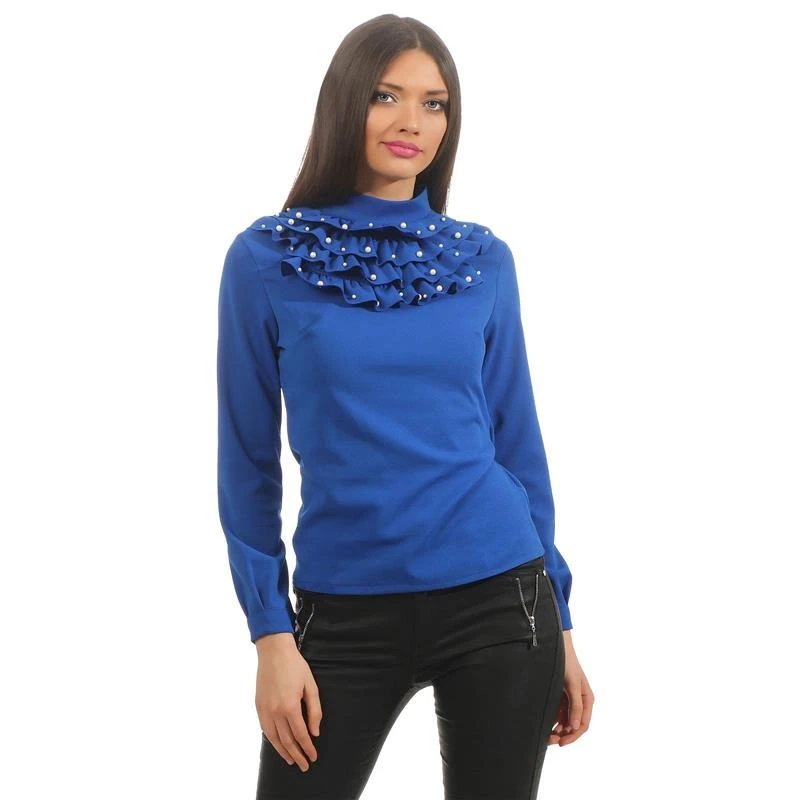 Elegante Damen Langarm-Bluse Mit Volants Und Perlen Royal Blau 3 Elegante Damen Langarm-Bluse Mit Volants Und Perlen Royal Blau
