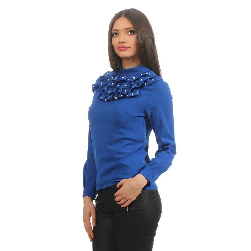 Elegante Damen Langarm-Bluse Mit Volants Und Perlen Royal Blau 4 Elegante Damen Langarm-Bluse Mit Volants Und Perlen Royal Blau – Bild 2