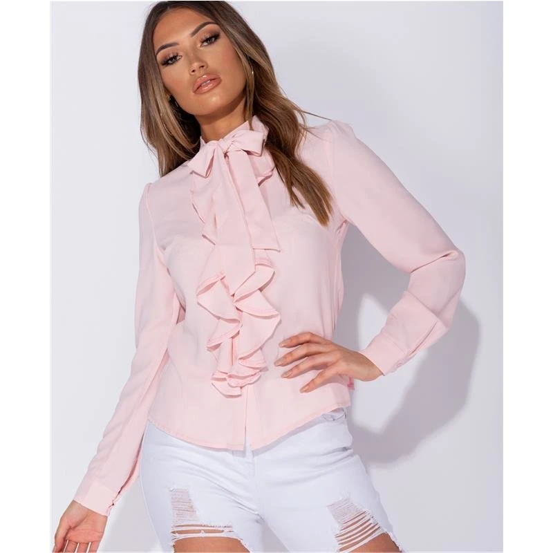 Elegante Damen Langarm-Schluppenbluse Mit Volants Rosa 3 Elegante Damen Langarm-Schluppenbluse Mit Volants Rosa