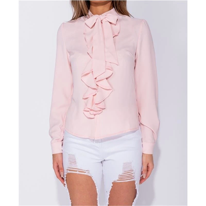 Elegante Damen Langarm-Schluppenbluse Mit Volants Rosa 4 Elegante Damen Langarm-Schluppenbluse Mit Volants Rosa – Bild 2