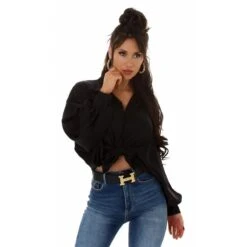 Elegante Damen Satin Wickelbluse Mit Fledermausärmeln Schwarz -Look Motto Verkäufe elegante damen satin wickelbluse mit fledermausaermeln schwarz4