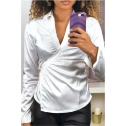 Elegante Damen Wickelbluse Langarm Satin Bluse Weiß -Look Motto Verkäufe elegante damen wickelbluse langarm satin bluse weiss3