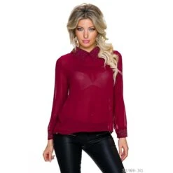 Elegante Glamour Chiffon Bluse Mit Metallplättchen Bordeaux