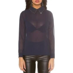 Elegante Glamour Chiffon Bluse Mit Strass Am Kragen Marine