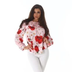 Elegante Langarm Bluse Mit Blumen Rüschen Und Spitze Rosa