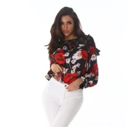Elegante Langarm Bluse Mit Blumen Rüschen Und Spitze Schwarz -Look Motto Verkäufe elegante langarm bluse mit blumen rueschen und spitze schwarz3