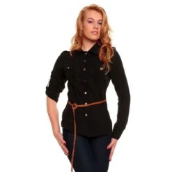 Elegante Langarm Bluse Mit Flechtgürtel Schwarz
