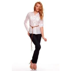 Elegante Langarm Bluse Mit Flechtgürtel Weiß -Look Motto Verkäufe elegante langarm bluse mit flechtguertel weiss2