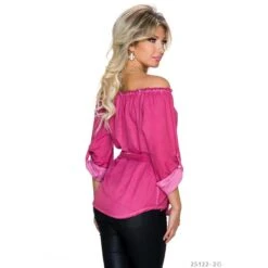 Elegante Schulterfreie Carmen-Bluse Mit Bindegürtel Dunkelpink -Look Motto Verkäufe elegante schulterfreie carmen bluse mit bindeguertel dunkelpink3