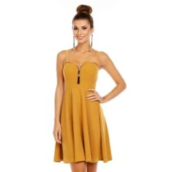 Elegantes A-Linien Träger-Minikleid Mit Zier-Zipper Senf