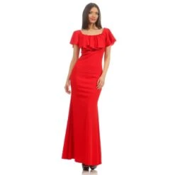 Elegantes Bodenlanges Carmen-Abendkleid Mit Volant Rot