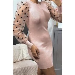 Elegantes Damen Feinstrickkleid Mit Organza Ärmel Altrosa -Look Motto Verkäufe elegantes damen feinstrickkleid mit organza aermel altrosa2