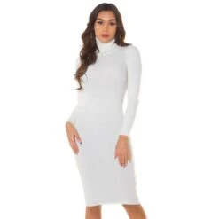 Elegantes Damen Rippstrick-Kleid Mit Rollkragen Creme -Look Motto Verkäufe elegantes damen rippstrick kleid mit rollkragen creme6