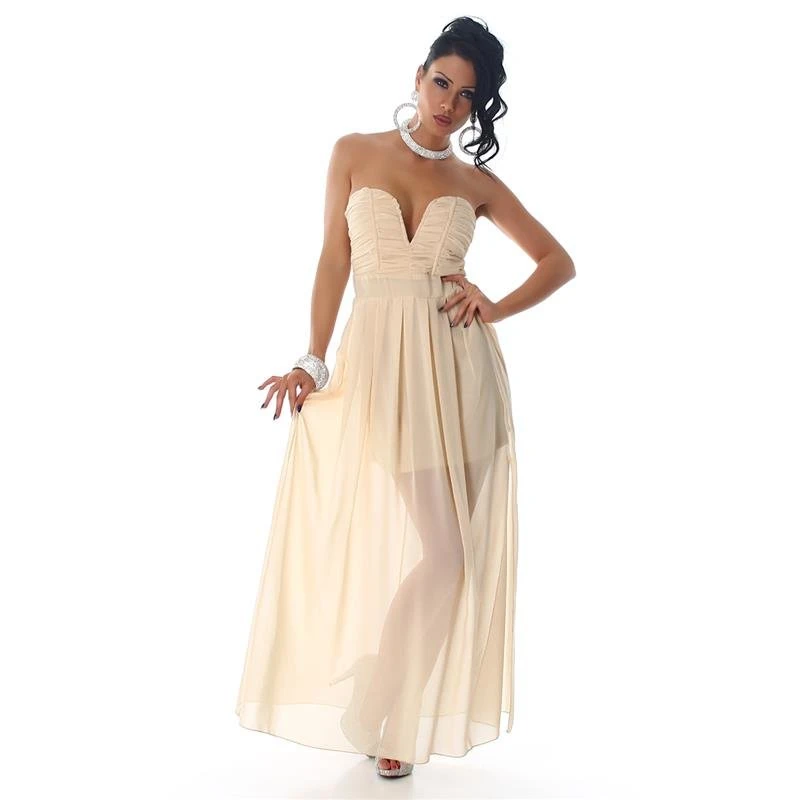 Elegantes Trägerloses Bandeau Abendkleid Aus Chiffon Beige 3 Elegantes Trägerloses Bandeau Abendkleid Aus Chiffon Beige