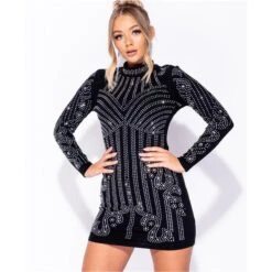 Exklusives Glamour Langarm Minikleid Mit Stehkragen Schwarz