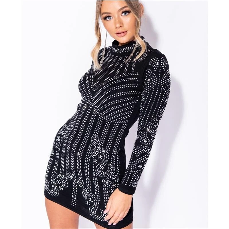 Exklusives Glamour Langarm Minikleid Mit Stehkragen Schwarz 8 Exklusives Glamour Langarm Minikleid Mit Stehkragen Schwarz – Bild 6