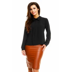 Festliche Damen Langarm Chiffon Bluse Mit Falten Schwarz