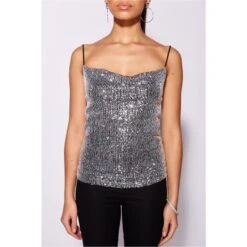 Glamour Damen Party Pailletten Trägertop Silber -Look Motto Verkäufe glamour damen party pailletten traegertop silber5
