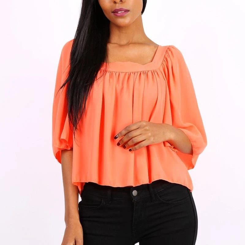 Halbtransparentes Damen Chiffon Shirt Halbarm Neon Orange 3 Halbtransparentes Damen Chiffon Shirt Halbarm Neon Orange