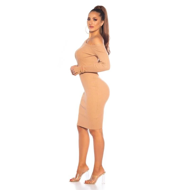 Knielanges Damen Langarm Strickkleid Mit Deko-Knöpfen Beige 8 Knielanges Damen Langarm Strickkleid Mit Deko-Knöpfen Beige – Bild 6