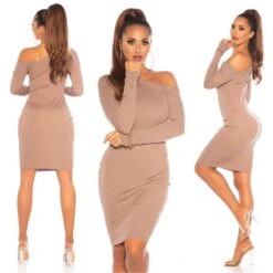 Knielanges Damen Langarm Strickkleid Mit Deko-Knöpfen Cappuccino -Look Motto Verkäufe knielanges damen langarm strickkleid mit deko knoepfen cappuccino7