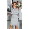 Knielanges Damen Langarm Strickkleid Mit Deko-Knöpfen Grau -Look Motto Verkäufe knielanges damen langarm strickkleid mit deko knoepfen grau