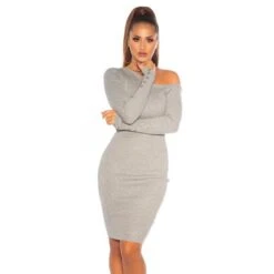 Knielanges Damen Langarm Strickkleid Mit Deko-Knöpfen Grau -Look Motto Verkäufe knielanges damen langarm strickkleid mit deko knoepfen grau4
