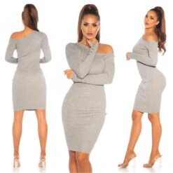 Knielanges Damen Langarm Strickkleid Mit Deko-Knöpfen Grau -Look Motto Verkäufe knielanges damen langarm strickkleid mit deko knoepfen grau7