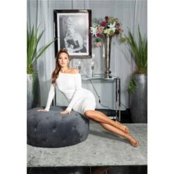 Knielanges Damen Langarm Strickkleid Mit Deko-Knöpfen Weiß -Look Motto Verkäufe knielanges damen langarm strickkleid mit deko knoepfen weiss3