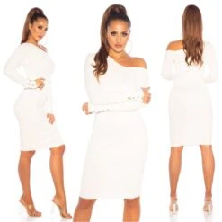 Knielanges Damen Langarm Strickkleid Mit Deko-Knöpfen Weiß -Look Motto Verkäufe knielanges damen langarm strickkleid mit deko knoepfen weiss7