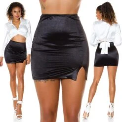 Kurzer Damen Satin Minirock Mit Schlitz Schwarz