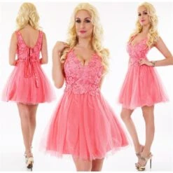 Kurzes A-Linien Ballkleid Mit Spitze Und Tüllrock Coral