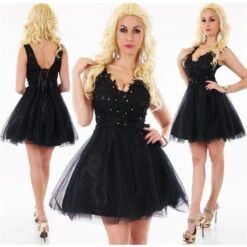 Kurzes A-Linien Ballkleid Mit Spitze Und Tüllrock Schwarz