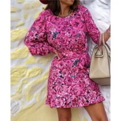 Kurzes Damen Langarm Sommerkleid Mit Blumen Pink -Look Motto Verkäufe kurzes damen langarm sommerkleid mit blumen pink4