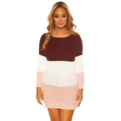 Kurzes Damen Langarm Strickkleid Mit Blockstreifen Bordeaux -Look Motto Verkäufe kurzes damen langarm strickkleid mit blockstreifen bordeaux2