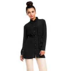 Lange Damen Tunika Bluse Aus Chiffon Mit Gürtel Schwarz