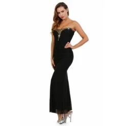 Langes Damen Bandeau Abendkleid Aus Chiffon Mit Strass Schwarz