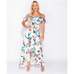 Langes Off Shoulder Maxikleid Mit Palmen Und Volants Weiß -Look Motto Verkäufe langes off shoulder maxikleid mit palmen und volants weiss3