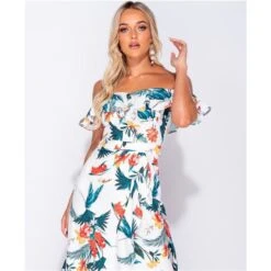 Langes Off Shoulder Maxikleid Mit Palmen Und Volants Weiß -Look Motto Verkäufe langes off shoulder maxikleid mit palmen und volants weiss4